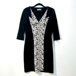 Vintage MALENE GROTRIAN Tapestry Half Sleeve Retro Black White Sheath Dress sz 8
